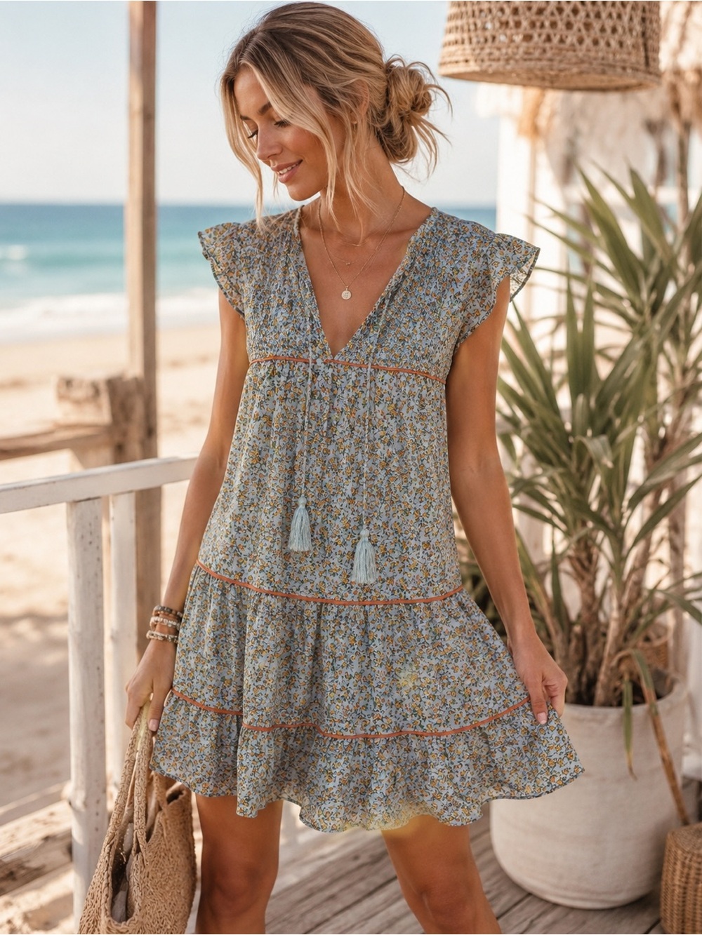 Baevely Floral Tiered Mini Dress Size M Smocked Tassel Cottagecore Boho Coastal